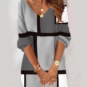 Geometric Print Colorblock Casual Dress, Casual Dresses, chicme - Women's Fashion Online