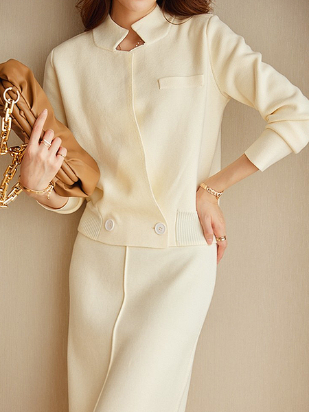 High Elasticity Loose Plain Stand Collar Long Sleeve Elegant Cardigan, Cardigans, color:Off White|size:XXL, Stylewe