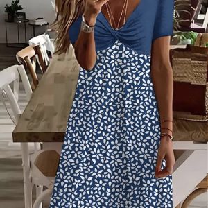 Women Small Floral V Neck Short Sleeve Comfy Casual Short Dress, Vacation Dresses, color:Blue|size:XXL, Noracora
