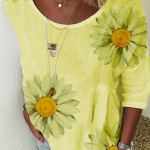 Floral Crew Neck Loose Cotton-Blend Tunic Blouse, T-shirts, color:Yellow|size:3XL, Noracora