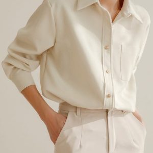 Shirt Collar Long Sleeve Plain Regular Loose Blouse For Women, Blouses, color:Apricot|size:XL, Noracora