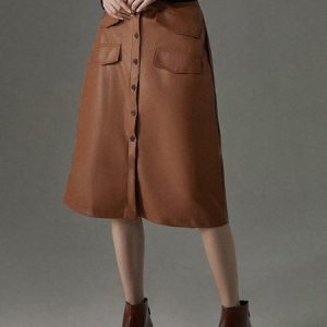 Plain Regular Fit Urban Pu Leather Skirt, Skirts, color:Brown|size:XXL, Stylewe