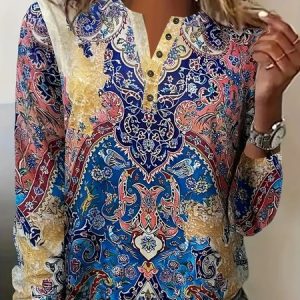 Buckle Ethnic Casual Notched T-Shirt, Long sleeves, Lilicloth.com