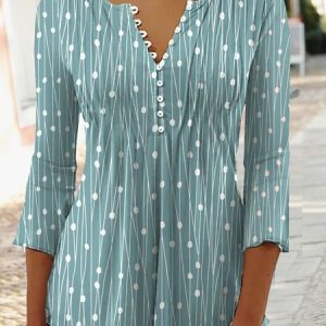 Women's Tunic Blouse V Neck Three Quarter Sleeve Polka Dot Printed Loose Shirt, Blouses, color:Green|size:XXL, Noracora