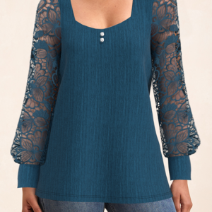 Square Neck Long Sleeve Plain Lace Regular Micro-Elasticity Loose Shirt For Women, Blouses, color:Blue|size:XXL, Noracora