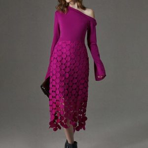 Daily Long Sleeve Elegant Lace Plain Dress, Midi Dresses, color:Purple|size:XXL, Stylewe