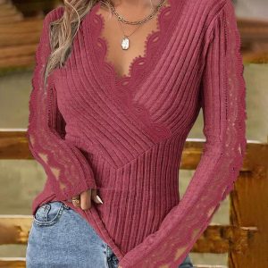 V-Neck Lace Patch Long Sleeve Top, T-shirt & Tees, chicme - Women's Fashion Online