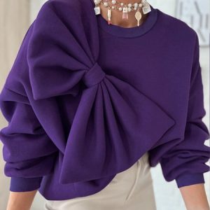 Daily Casual Bow Plain Loose Sweatshirt, Hoodies and Sweatshirts, color:Purple|size:XXL, Stylewe