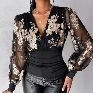 Floral Sequin Decor Sheer Mesh Top, Blouses & Shirts, chicme - Women's Fashion Online