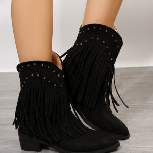 West Style Plain Non-Slip Slip On Block Heel Cowboy Boots Rivet, Boots, color:Black|size:43, Noracora