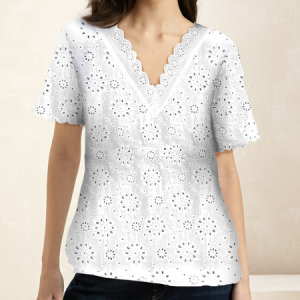 Women's Casual Cotton Plain V Neck Short Sleeve Lace Loose T-shirt, T-shirts, color:White|size:XXL, Noracora