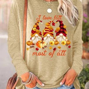 Women I Love Fall Most Of All Gnomes Halloween Pumpkin Thanksgiving Fall Long Sleeve Top, Long sleeves, Lilicloth.com