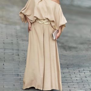 Skew Neck Lantern Sleeve Top & Wide Leg Pants Set, Two-piece Sets, chicme - Women's Fashion Online