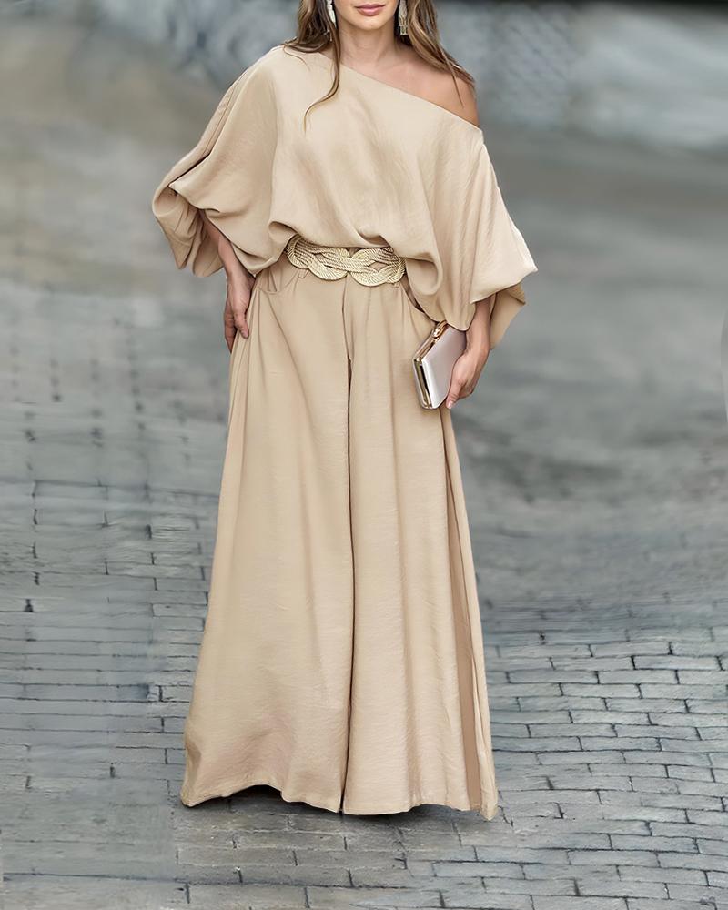 Skew Neck Lantern Sleeve Top & Wide Leg Pants Set, Two-piece Sets, chicme - Women's Fashion Online