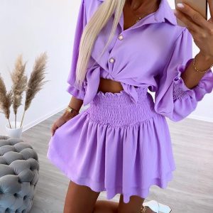 Knotted Shirred Button Top & Layered Skirt Set, Two-piece Sets, chicme - Women's Fashion Online