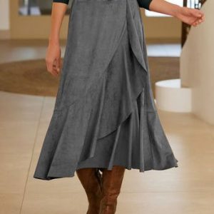 Casual Plain Autumn Suede Natural Daily Midi A-Line Skirt for Women, Skirts, color:Gray|size:XXL, Noracora