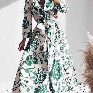 Elegant Floral Shirt Collar Regular Fit Maxi Dress, Midi Dresses, color:Green|size:XXL, Stylewe