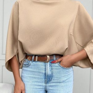 Stand Collar Long Sleeve Plain Regular Regular Fit Shirt For Women, Blouses, color:Khaki|size:XXL, Noracora
