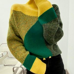Urban Loose Long Sleeve Color Block Sweater, Pullovers, color:Green|size:XXL, Stylewe