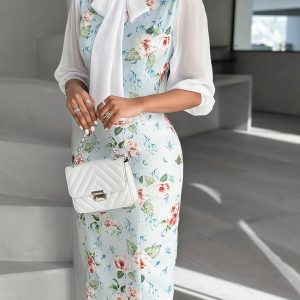 Floral Print Tie Neck Chiffon Midi Dress, Midi Dresses, chicme - Women's Fashion Online