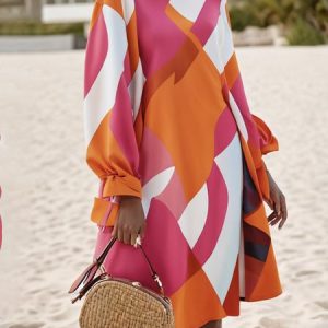 Stand Collar Geometric Urban Regular Fit Dress, Midi Dresses, color:Orange|size:XXL, Stylewe