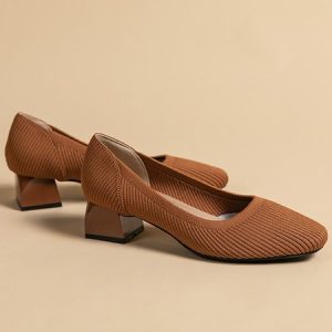 Casual Plain Slip On Block Heel Shallow Shoes, Flats/Loafers, color:Brown|size:43, Noracora