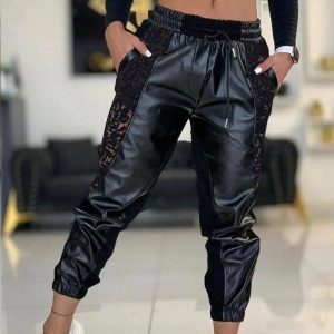 Contrast PU Lace Insert Drawstring Cuffed Pants, Pants, chicme - Women's Fashion Online