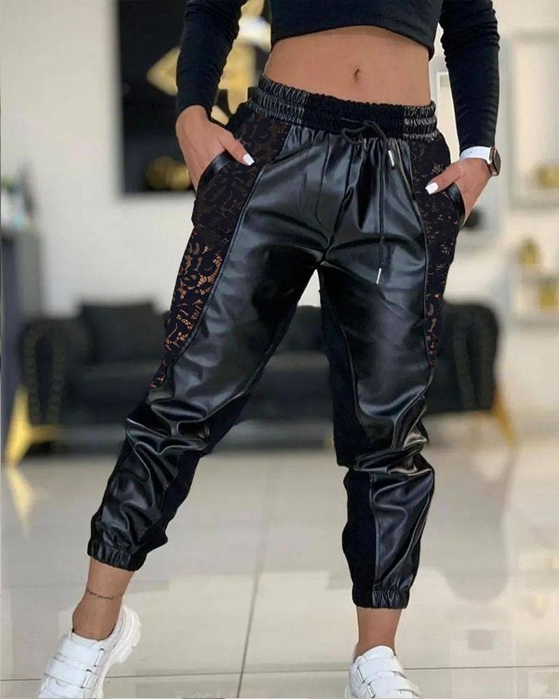 Contrast PU Lace Insert Drawstring Cuffed Pants, Pants, chicme - Women's Fashion Online