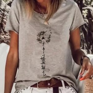 Women's Casual Dandelion Printed Short Sleeve Round Neck Top T-shirt, T-shirts, color:Khaki|size:XXL, Noracora