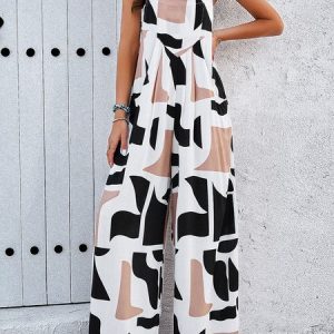 Women Sleeveless Cold Shoulder Loose Long Daily Casual Geometric Natural Jumpsuit, Jumpsuits&Rompers, color:Coffee|size:XL, Noracora