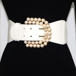 Elegant Imitation Pearl Buckle Stretch Wide Belt, Belts, color:White|size:One-size, Stylewe