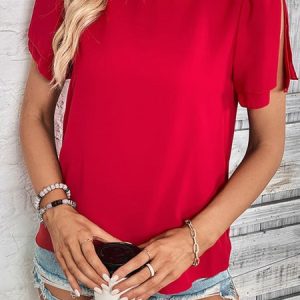 Crew Neck Short Sleeve Plain Regular Micro-Elasticity Loose Shirt For Women, Blouses, color:Wine Red|size:XL, Noracora