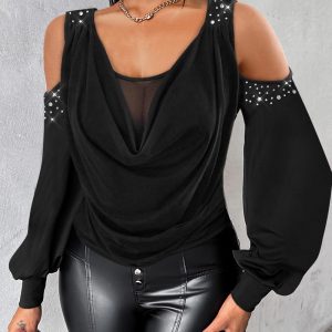Rhinestone Cold Shoulder Sheer Mesh Patch Top, women T-shirt & Tees, ChicMe catalog
