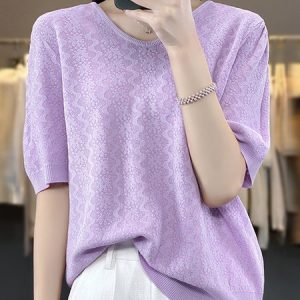 V Neck Short Sleeve Plain Regular Micro-Elasticity Loose Shirt For Women, Blouses, color:Purple|size:XXL, Noracora
