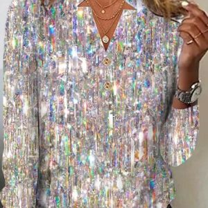 Casual Abstract V Neck Long Sleeve T-shirt, T-shirts, color:Silver|size:XXL, Noracora