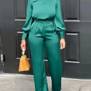 Round Neck Lantern Sleeve Ruched Top & Pants Set, Two-piece Sets, chicme - Women's Fashion Online