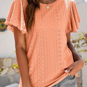 Crew Neck Short Sleeve Plain Regular Micro-Elasticity Loose Shirt For Women, Blouses, color:Orange|size:XXL, Noracora