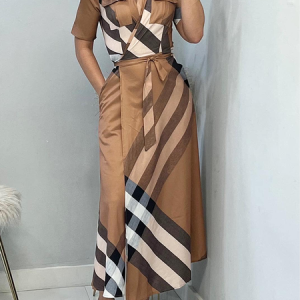 Elegant Plaid Shirt Collar Short Sleeve Dress With Belt Shirt Dress, Maxi Dresses, color:As Picture|size:XXL, Stylewe