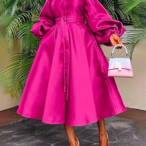 Crew Neck Plain Elegant Regular Fit Long Sleeve Shirt Dress With Belt, Midi Dresses, color:Deep Pink|size:XXL, Stylewe