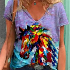 Statement Animal Short Sleeve Tops, T-shirts, color:5|size:XXL, Noracora