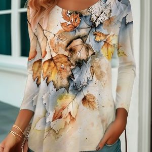 Maple Leaf Crew Neck Casual T-Shirt, Long sleeves, Lilicloth.com