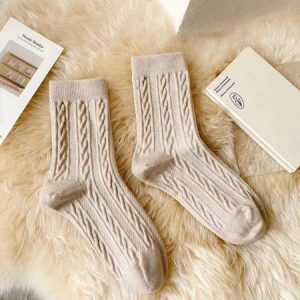 1pair Women High-Elastic Twist Mid-calf Socks, Socks & Tights, color:Khaki|size:One-size, Noracora