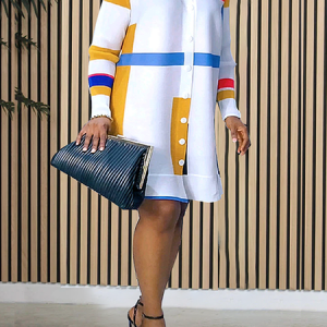 Loose Urban Shirt Collar Long Sleeve Geometric Short Dress, Mini Dresses, color:As Picture|size:XXL, Stylewe