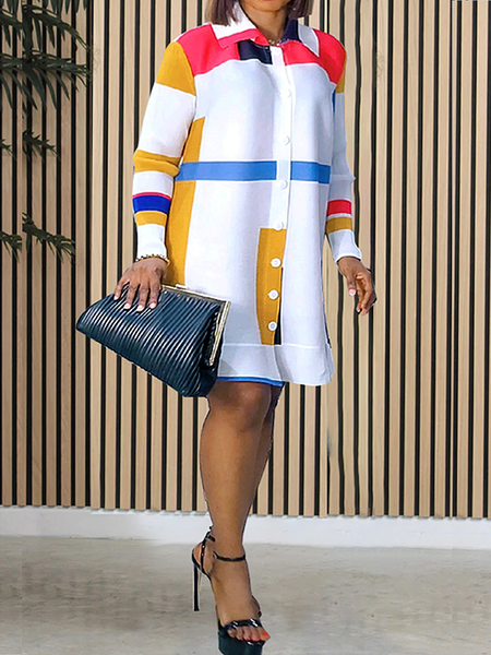 Loose Urban Shirt Collar Long Sleeve Geometric Short Dress, Mini Dresses, color:As Picture|size:XXL, Stylewe