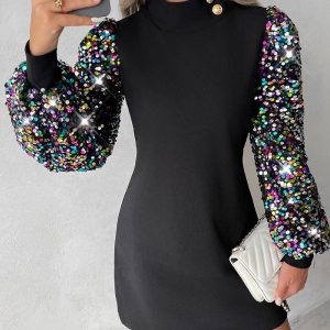 Mock Neck Shining Sequins Contrast Long Sleeve Dress, women Casual Dresses, ChicMe catalog