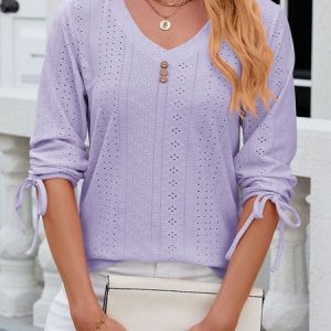 V Neck Long Sleeve Plain Buckle Regular Micro-Elasticity Loose Shirt For Women, Blouses, color:Purple|size:XXL, Noracora