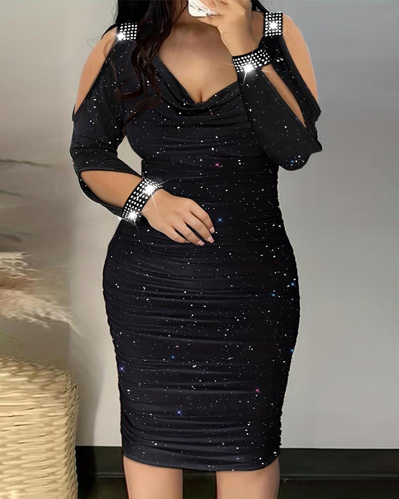 Plus Size Rhinestone Cold Shoulder Party Dress, Party Dresses, chicme - Women's Fashion Online
