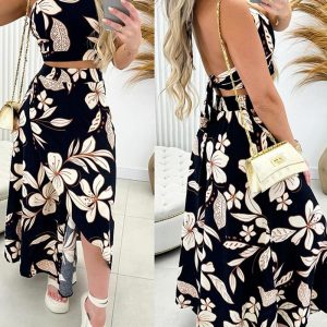 Floral Print Halter Backless Top & Slit Skirt Set, Two-piece Sets, chicme - Women's Fashion Online