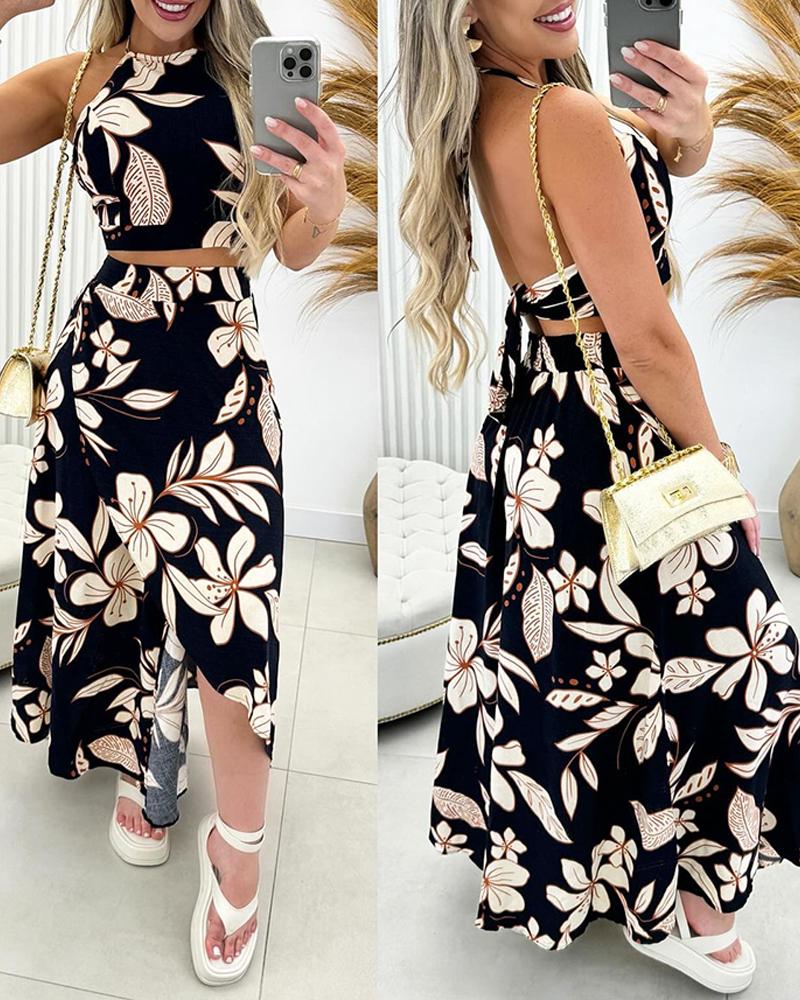 Floral Print Halter Backless Top & Slit Skirt Set, Two-piece Sets, chicme - Women's Fashion Online