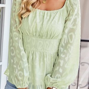 Square Neck Long Sleeve Plain Regular Loose Shirt For Women, Blouses, color:Aqua|size:XL, Noracora